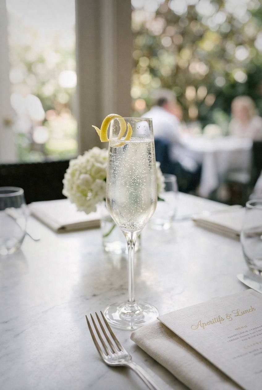 Sparkling elderflower lemonade in a champagne flute with tiny bubbles and soft light
