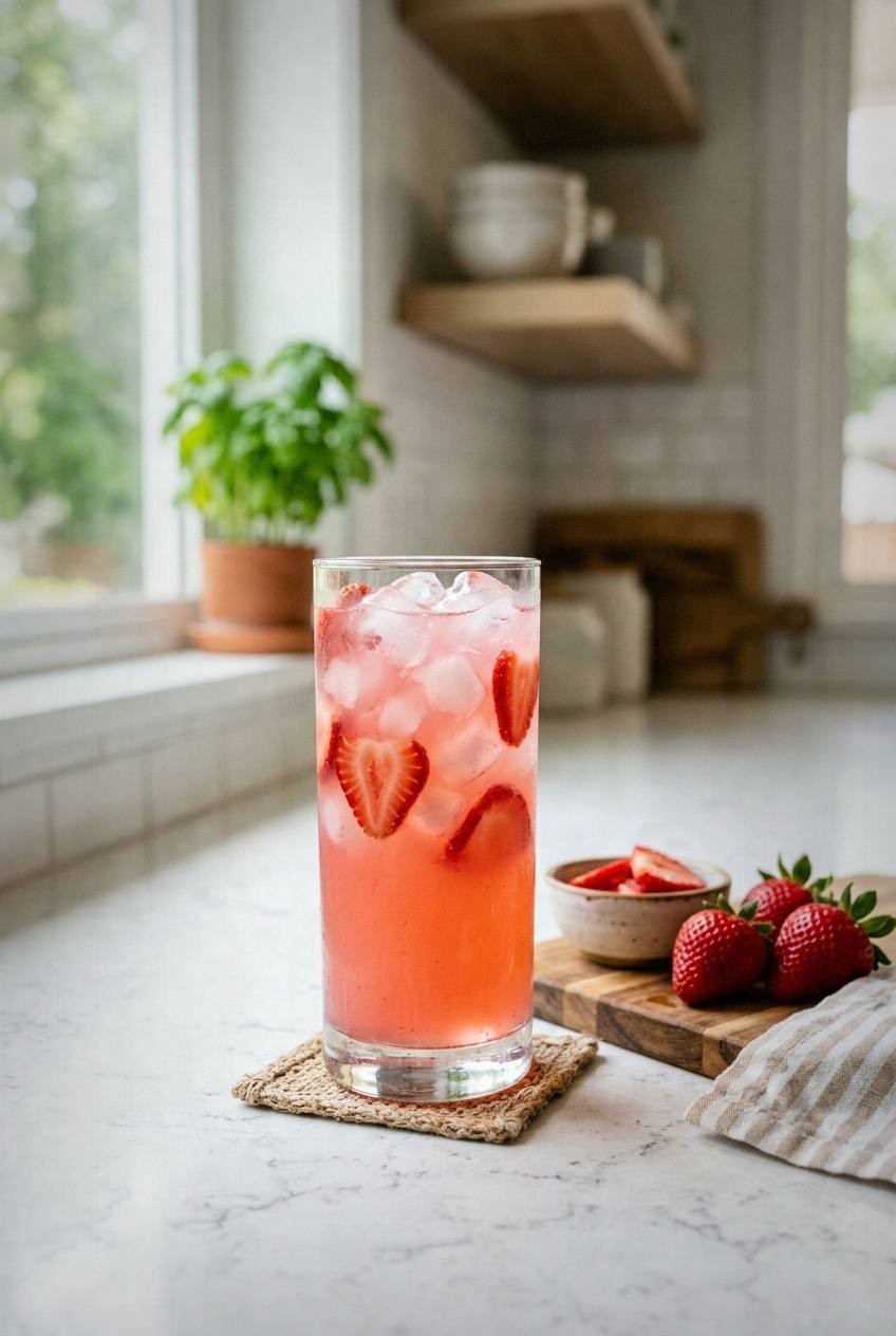 Pink strawberry basil lemonade in a glass with fresh strawberry slices and basil leaves beside it