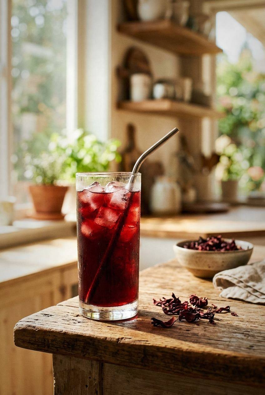 Deep red hibiscus iced tea in a clear glass with ice cubes and a lemon wedge