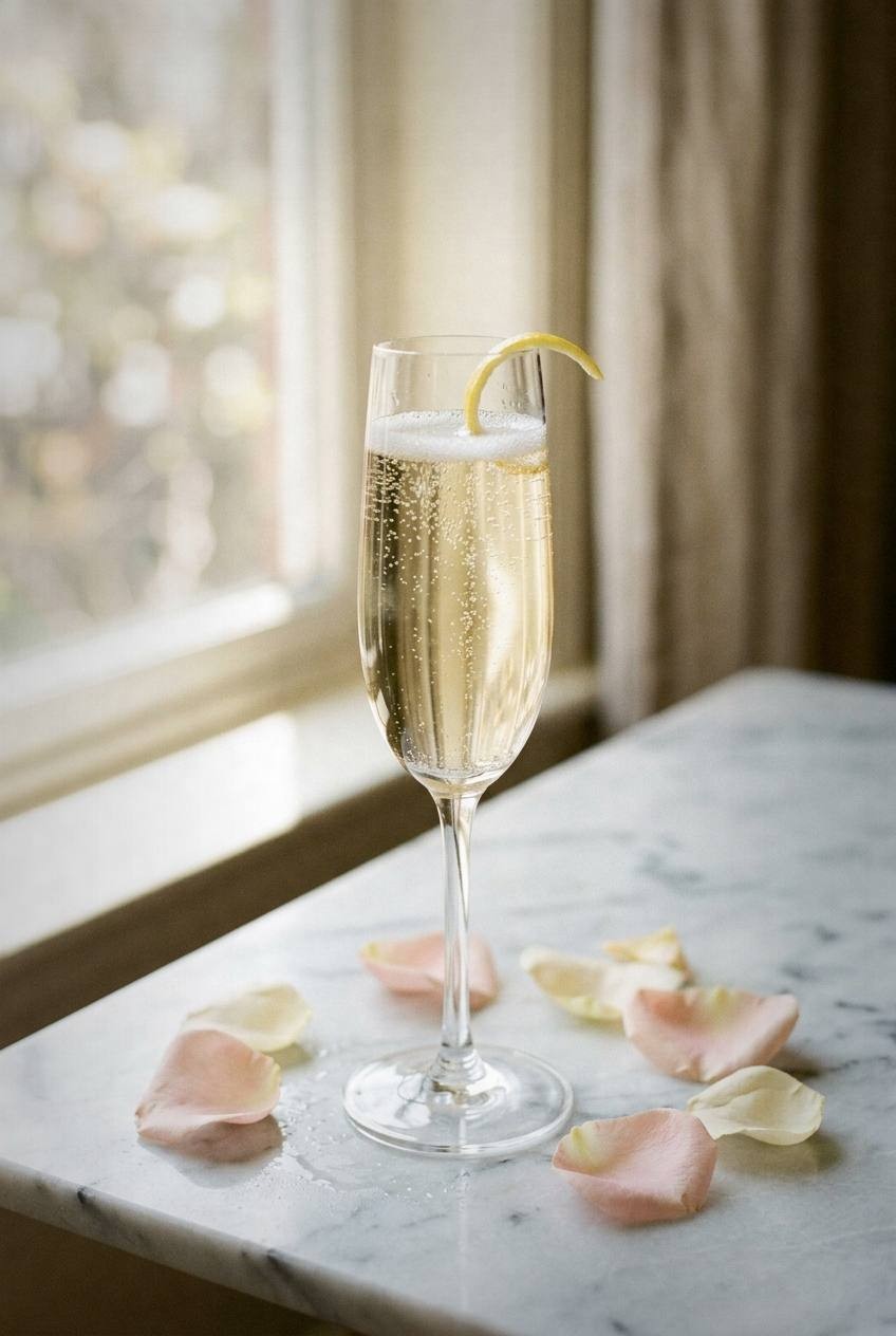 Champagne flute of sparkling elderflower mocktail with tiny bubbles and thin lemon twist on marble surface with rose petals