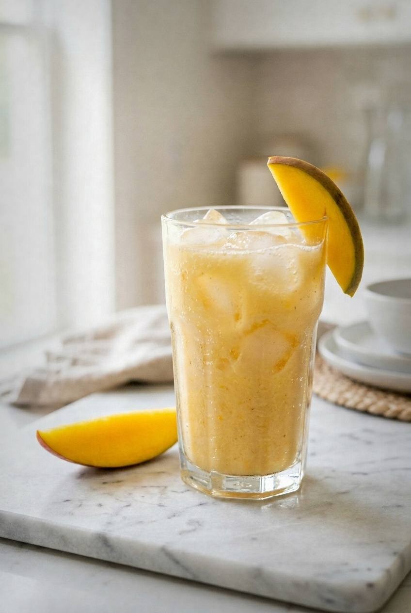 Glass of creamy golden mango coconut fizz topped with sparkling water and ice