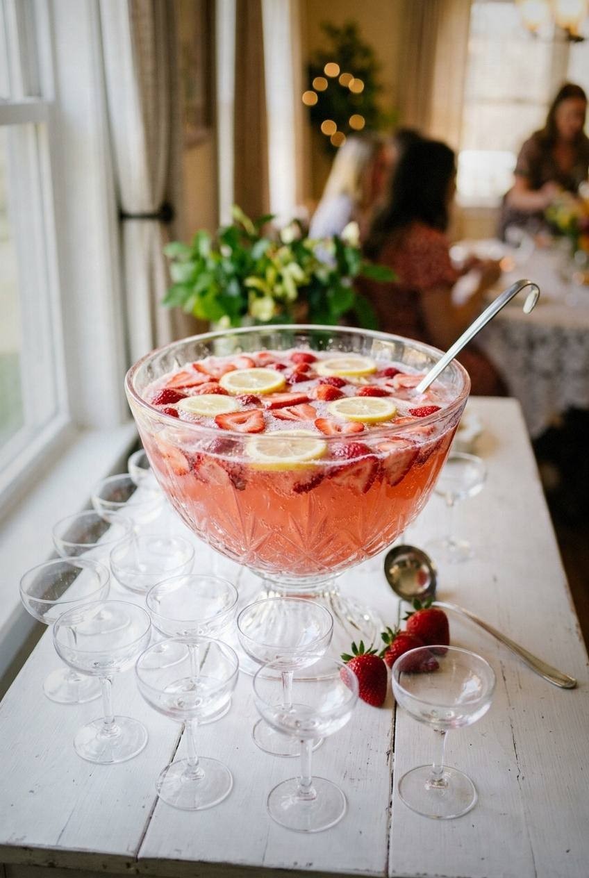 Glass punch bowl filled with pink sparkling strawberry punch with floating strawberry slices and lemon wheels surrounded by coupe glasses