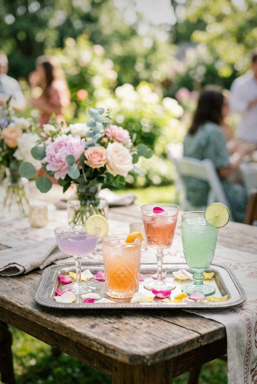 Tray of individual mocktails in mismatched vintage glasses each a different pastel color on a garden party table