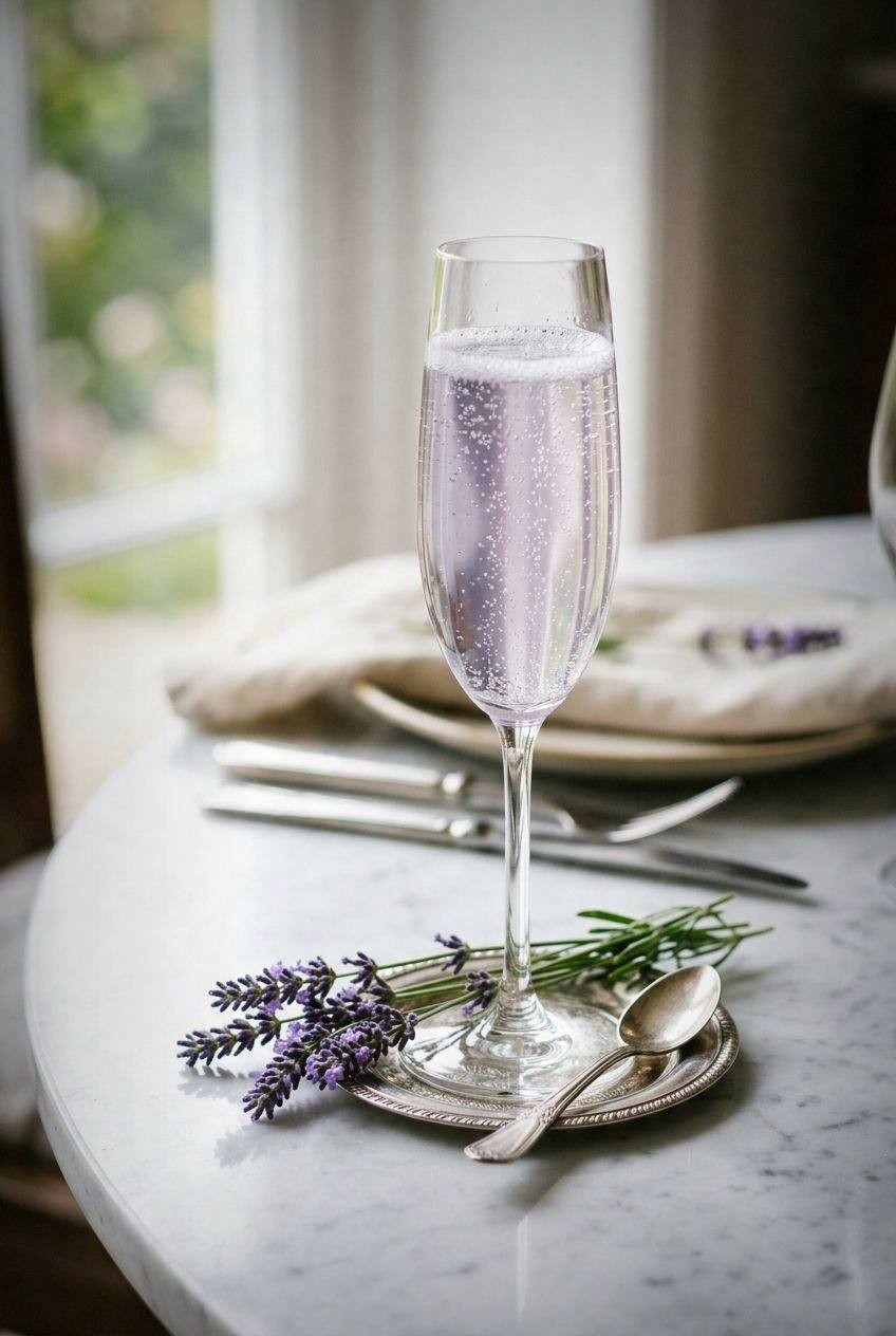 Champagne flute of pale purple lavender French 75 mocktail with soft natural light