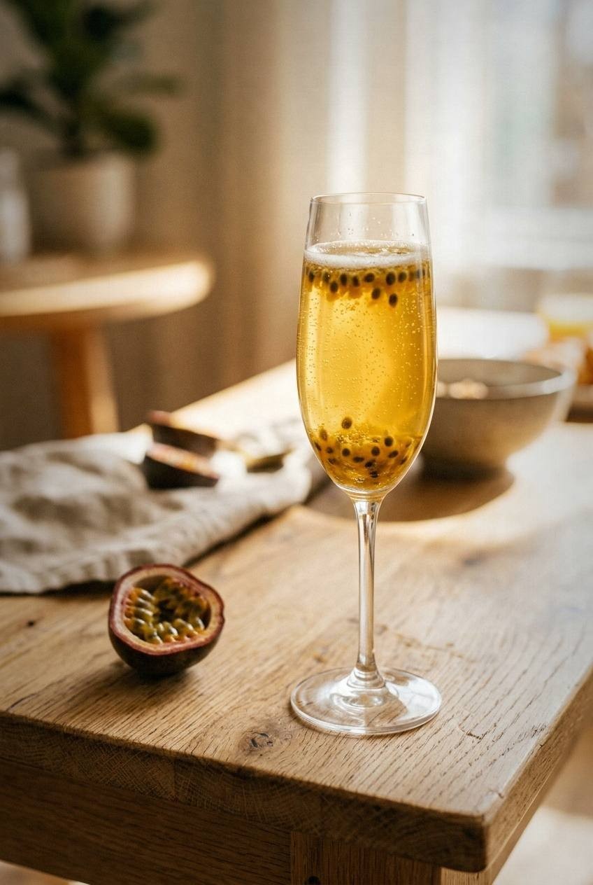 Golden passion fruit bellini in a champagne flute with visible seeds suspended throughout the drink