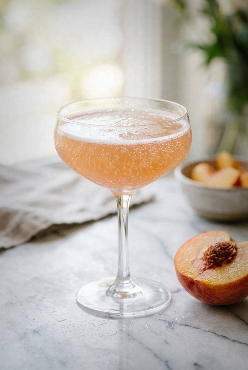Coupe glass of peach ginger fizz with a soft golden hue and tiny bubbles rising to the surface