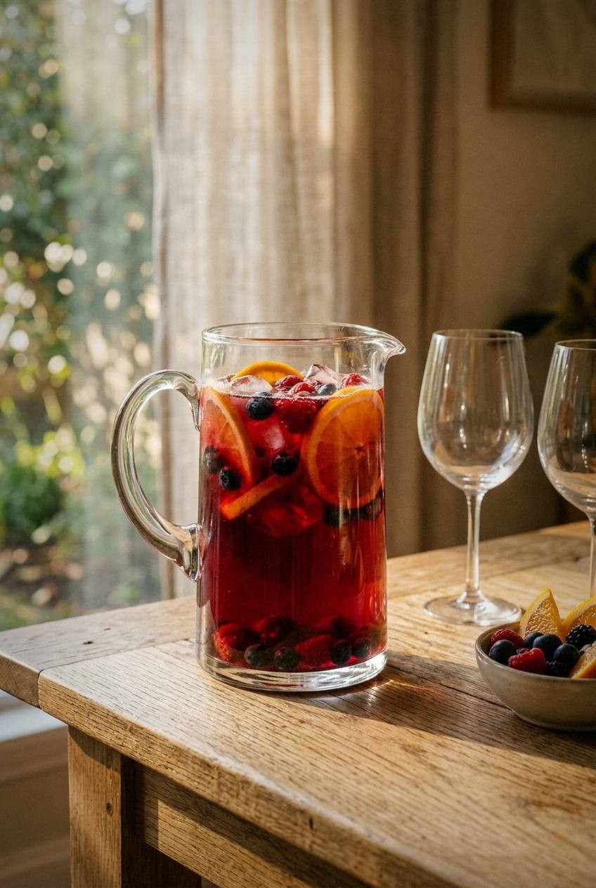 Glass pitcher of deep ruby hibiscus sangria mocktail with sliced oranges and strawberries floating inside