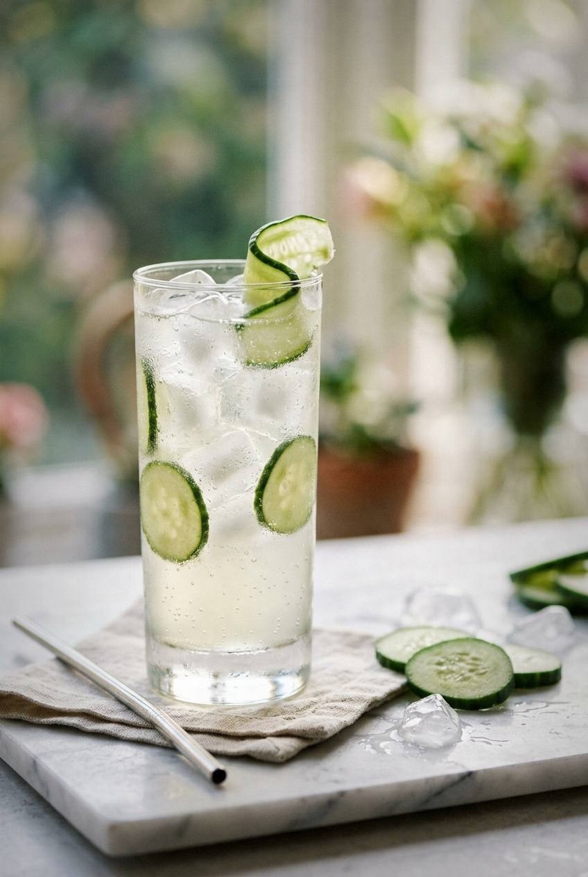 Tall clear glass of cucumber elderflower collins with muddled cucumber slices and ice