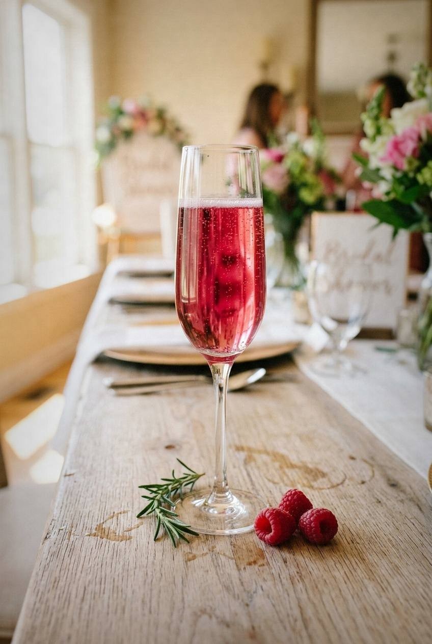 Champagne flute of deep pink raspberry rosemary sparkler with a rosemary sprig resting on the table beside it