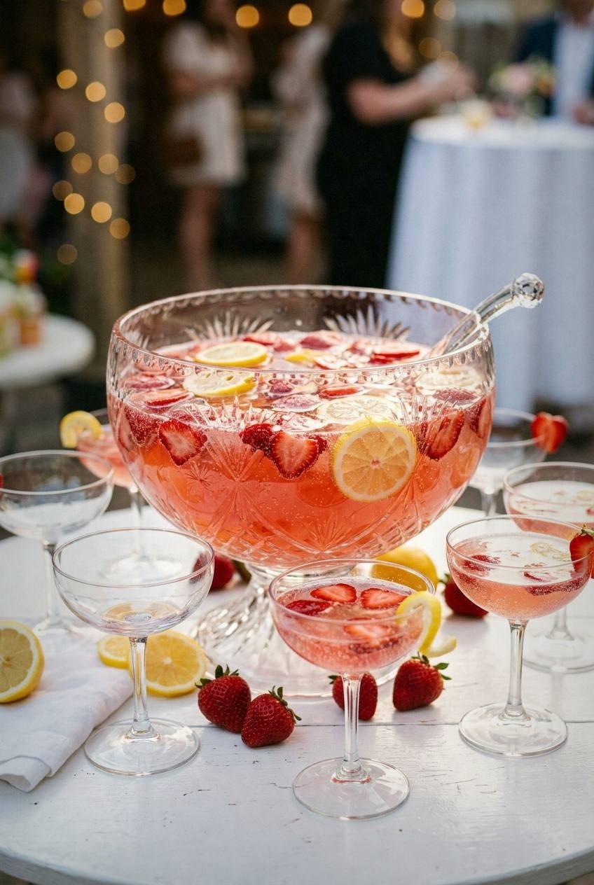 Sparkling strawberry punch in a glass bowl with floating strawberry slices and lemon wheels