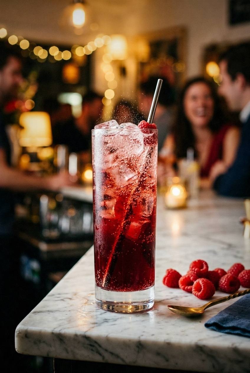 Raspberry shrub spritz in a glass with ice and a deep ruby red color from the raspberry vinegar
