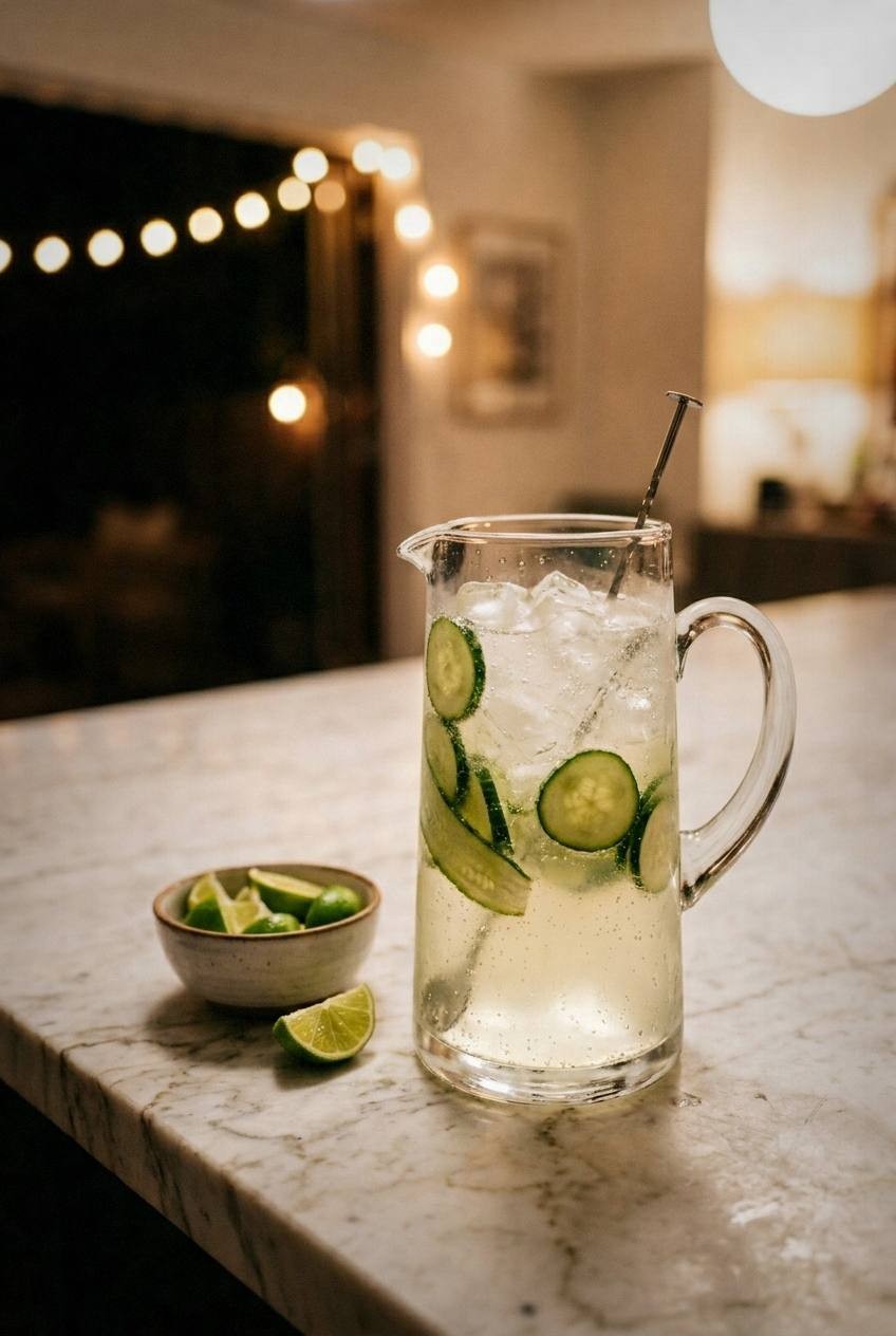 Cucumber elderflower pitcher drink with thin cucumber slices and sparkling water