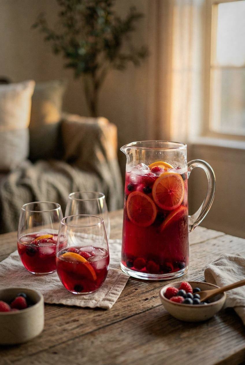 Deep red hibiscus sangria in a pitcher with sliced oranges, apples, and mixed berries