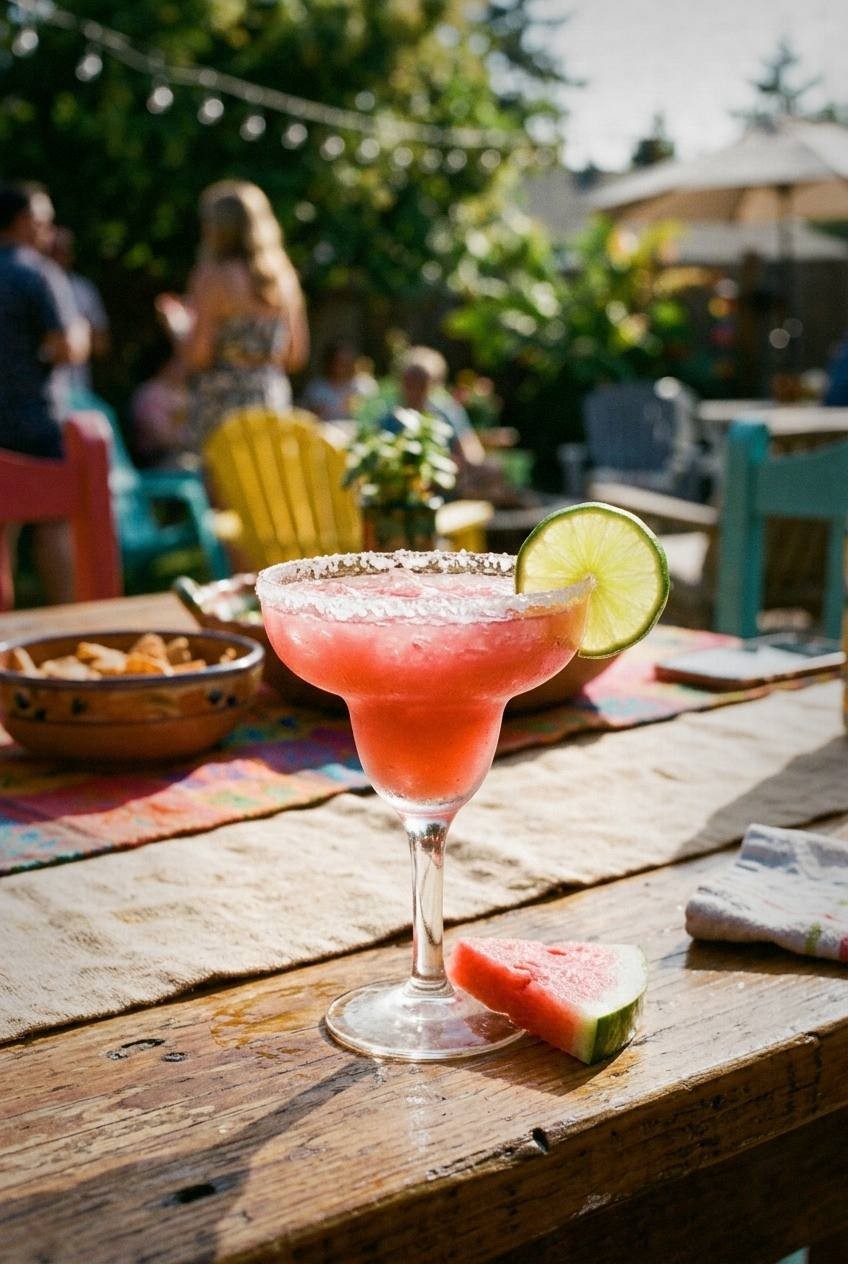 Bright pink watermelon margarita mocktail in a salt-rimmed glass with a lime wedge