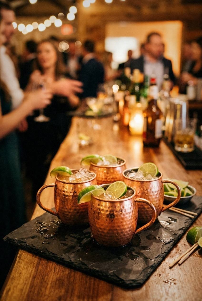 Ginger beer Moscow mule in a copper mug with ice and a lime wedge