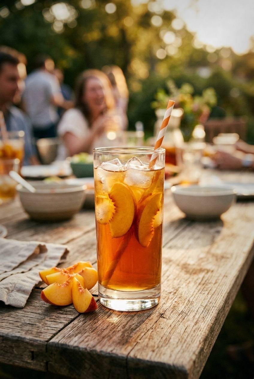 Peach sweet tea punch in a tall glass pitcher filled with ice and peach slices