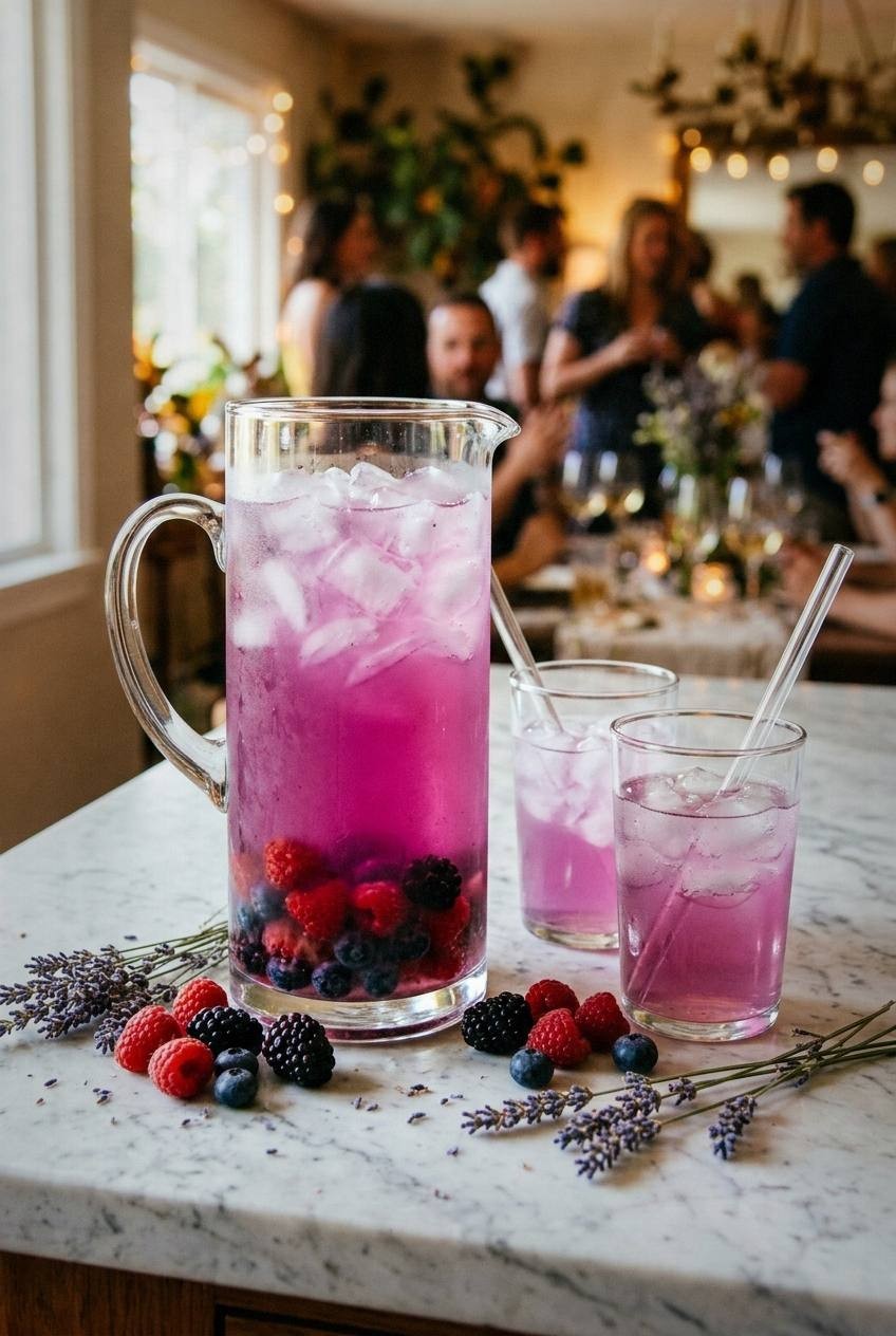 Berry lavender lemonade in a clear glass pitcher with a purple-pink hue and muddled berries