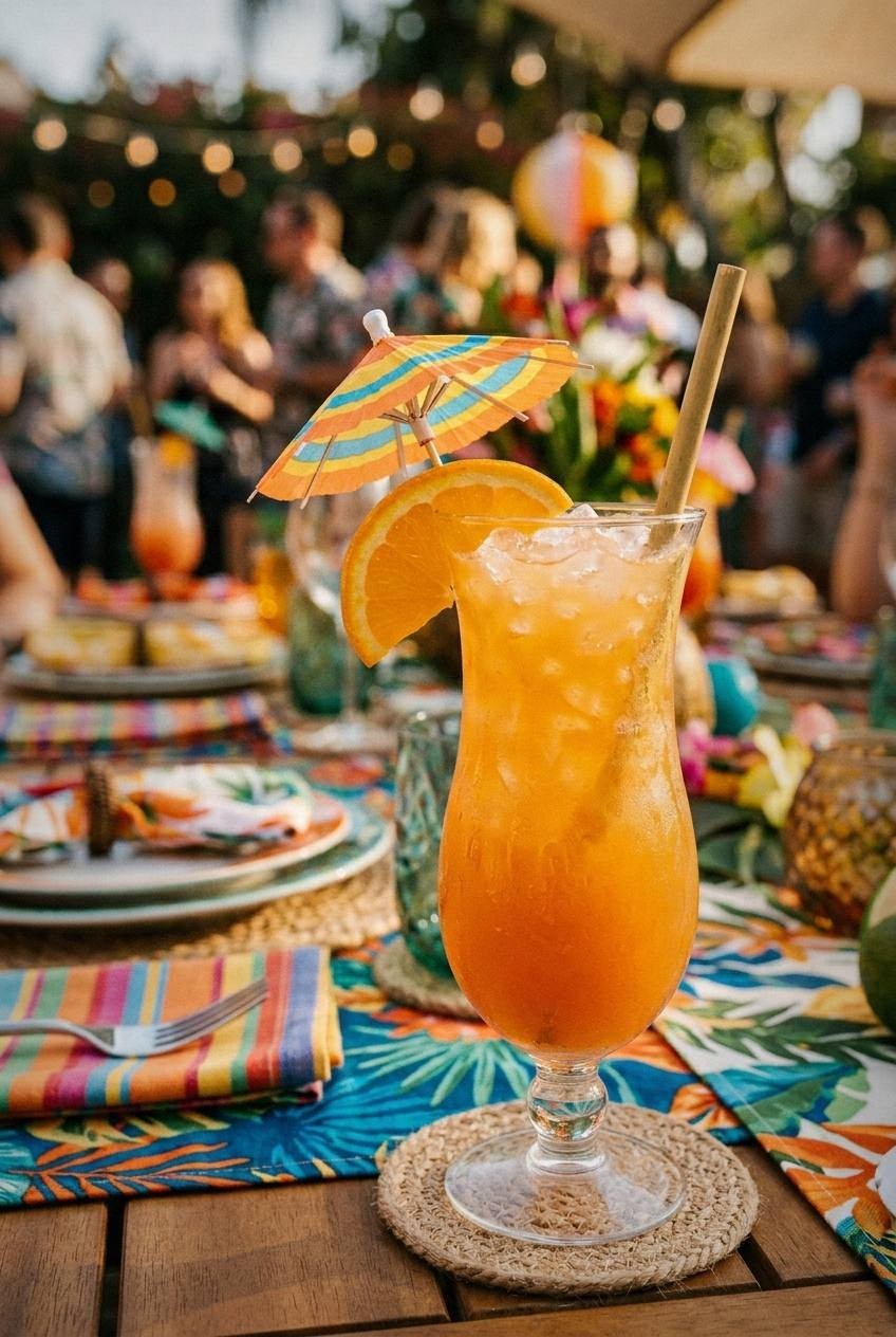 Tropical hurricane mocktail in a tall glass with orange and red layers over crushed ice