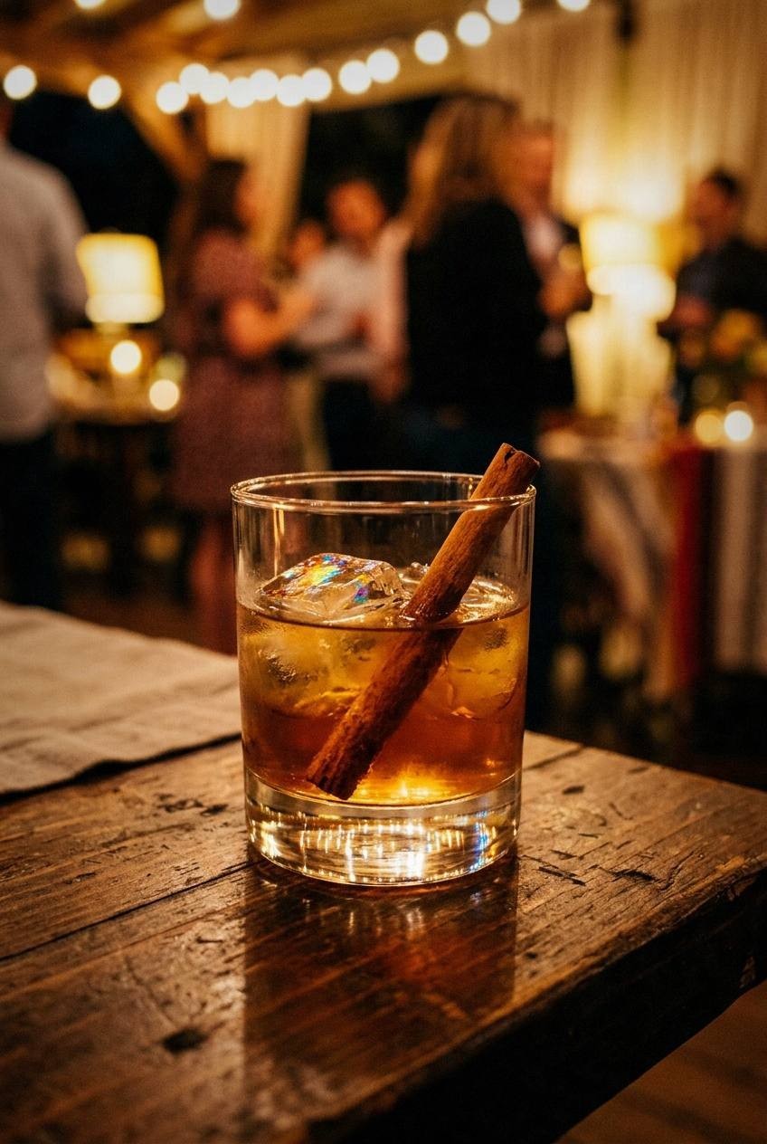 Apple cider bourbon mocktail in a rocks glass with ice and a cinnamon stick