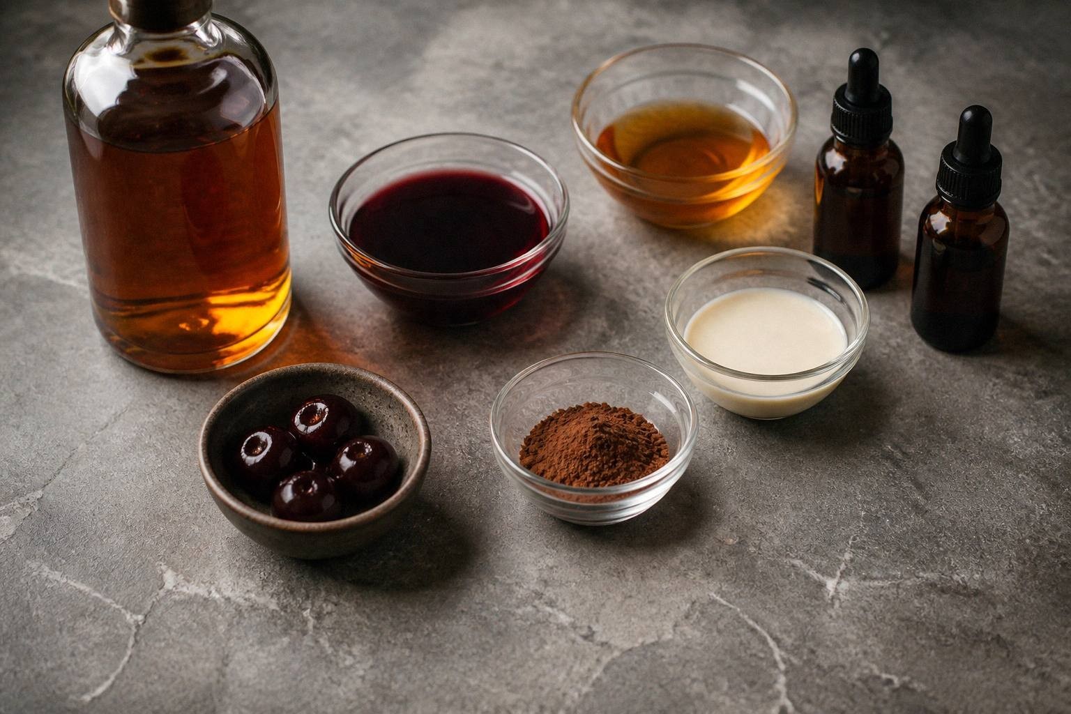 Bourbon, cherry syrup, chocolate bitters, spiced cherry bitters, heavy cream, and cocoa powder measured out