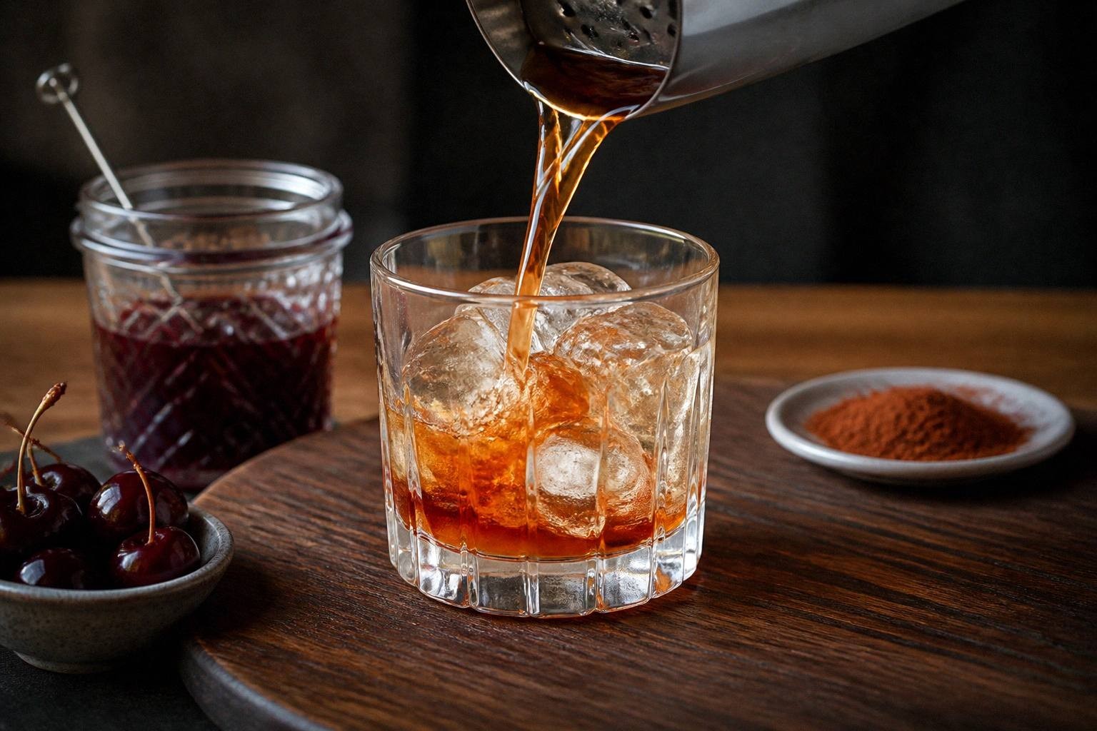 Pouring cherry cold foam over bourbon and cherry syrup mixture in rocks glass with ice