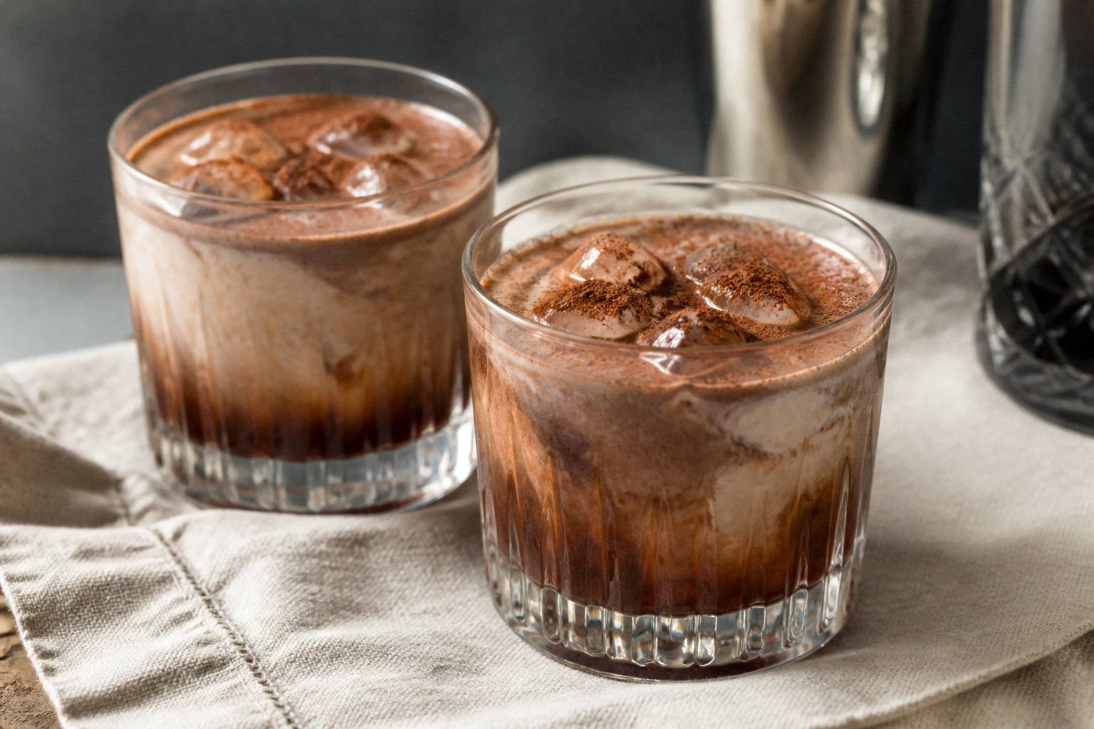 Two black forest old fashioned cocktails in rocks glasses with cold foam and cocoa powder