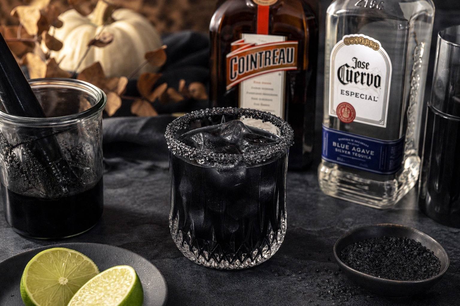 pouring black margarita mixture into salt-rimmed cocktail glass
