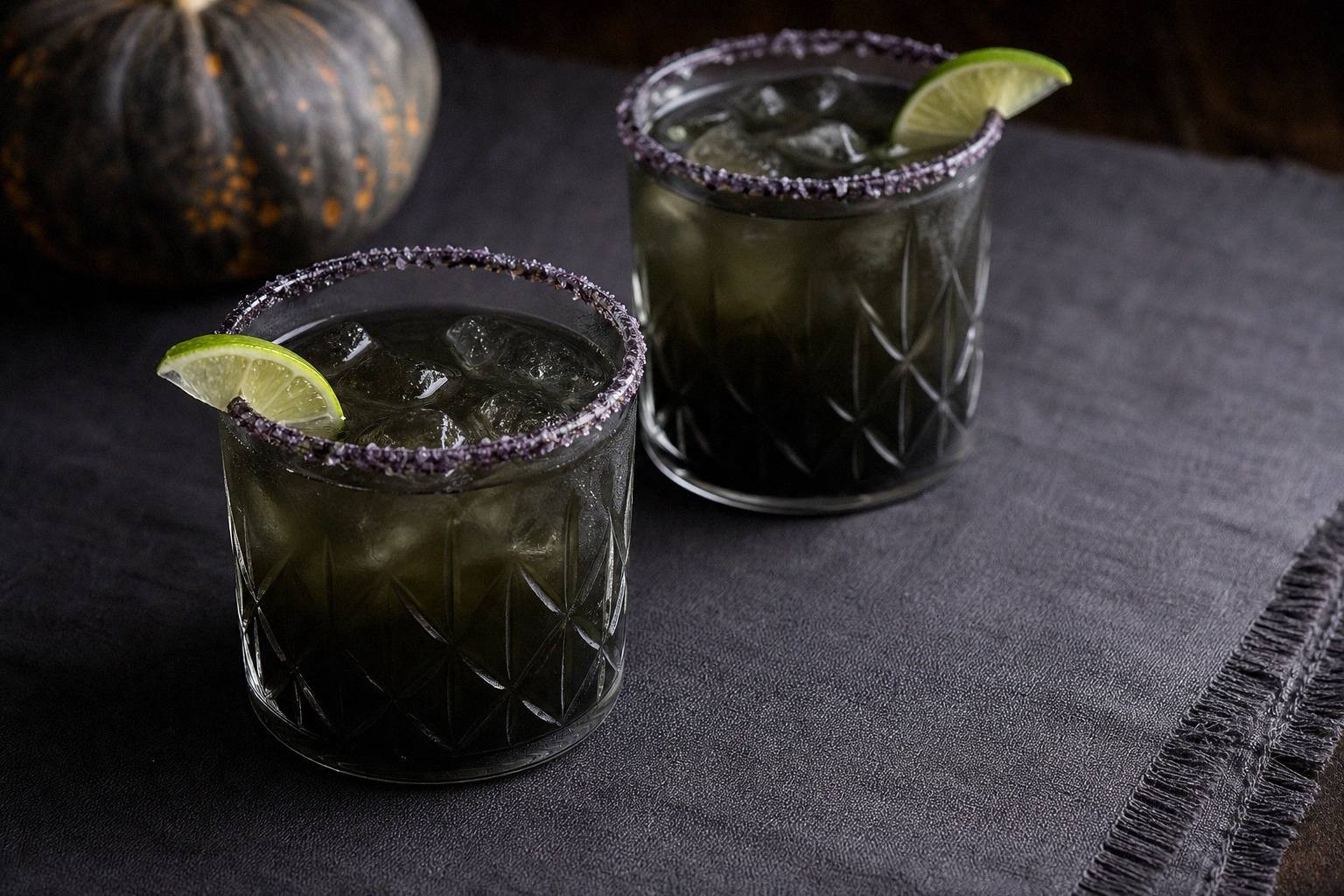 two black halloween margaritas with purple salt rims and lime garnishes on serving surface
