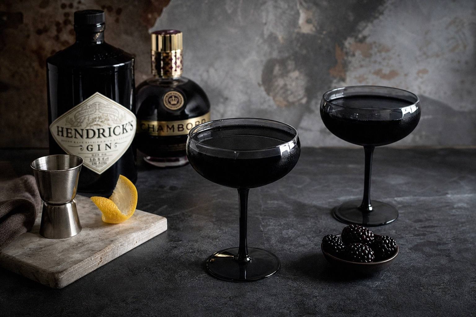 measured ingredients for black widow cocktail including lemon juice, blackberries, simple syrup, blackberry juice, vodka, and ice