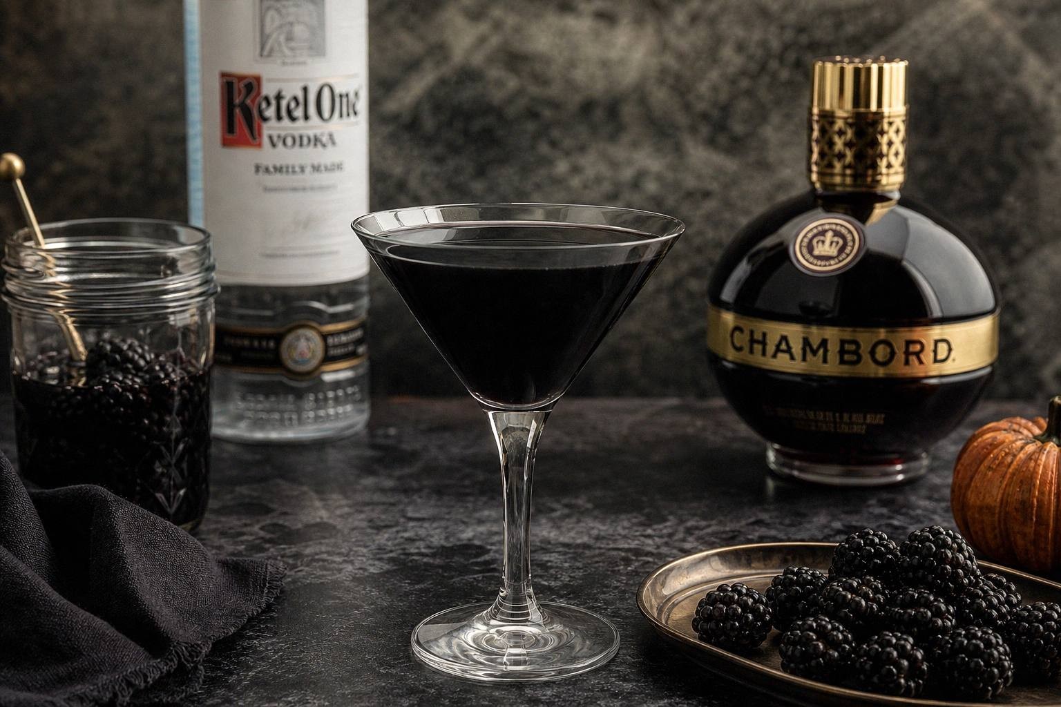 two finished black widow cocktails styled on table, each garnished with blackberries, showing natural purple-black color