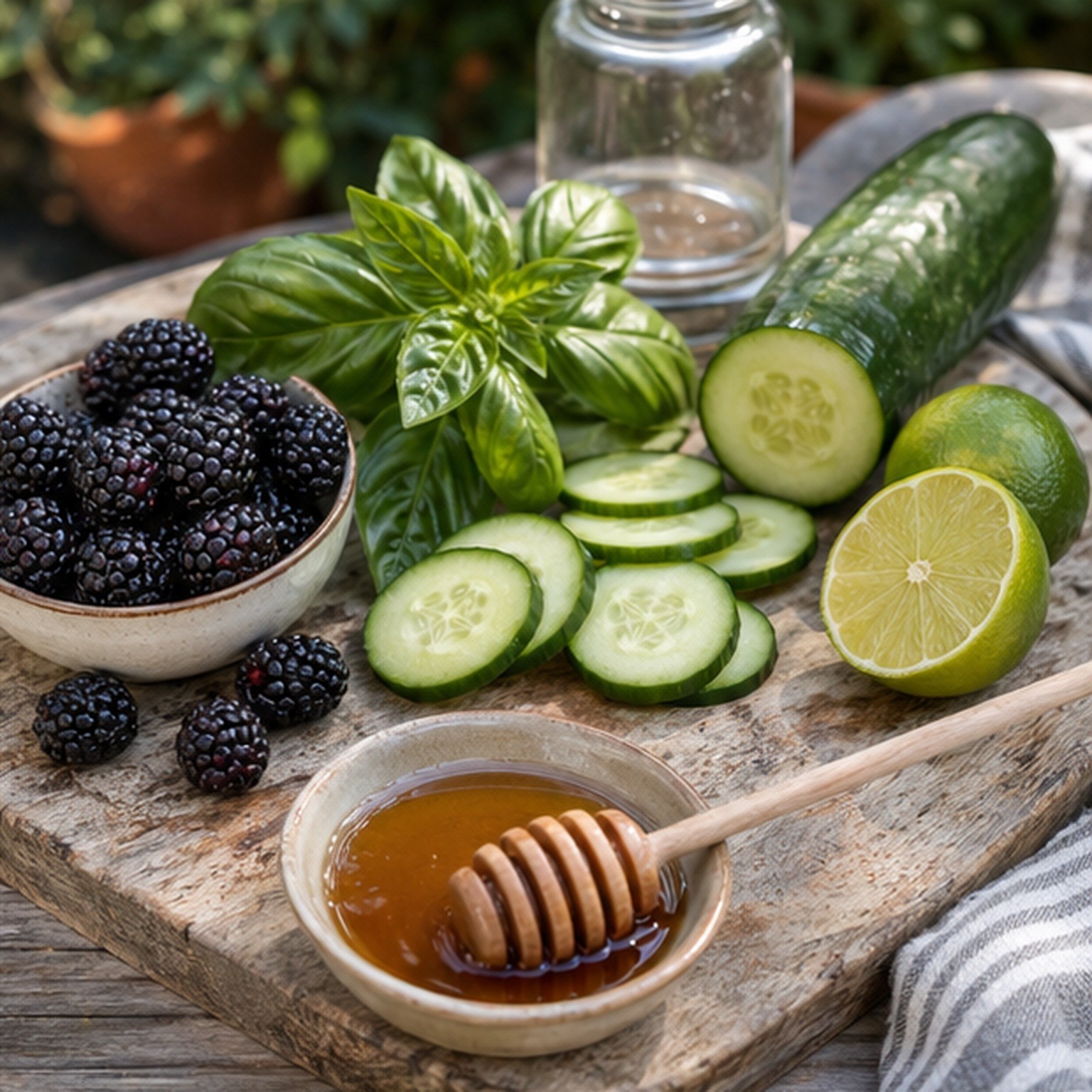 Fresh blackberries, cucumber slices, basil, and lime on a garden table for a blackberry basil cucumber cooler