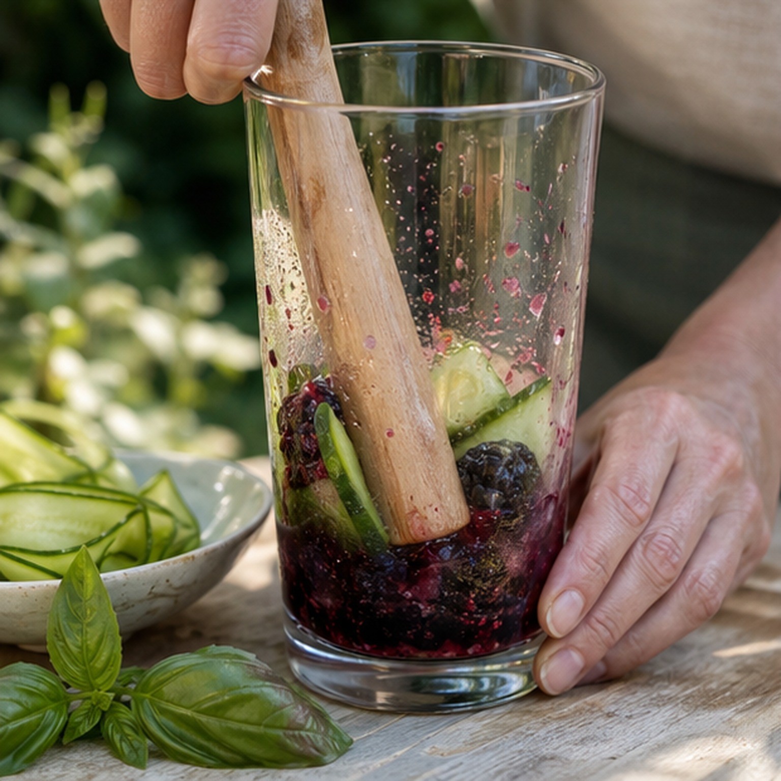 Blackberries and cucumber being muddled with basil and lime for a summer cooler