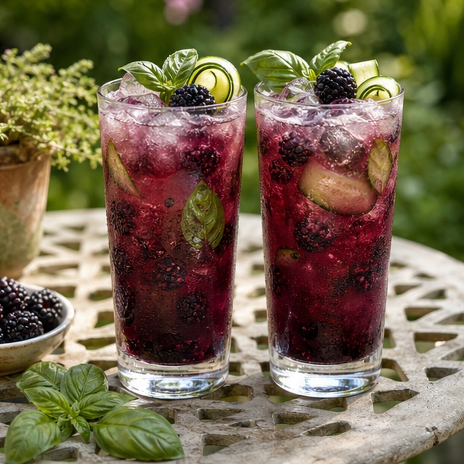 Two blackberry basil cucumber coolers over ice with cucumber ribbons and basil on a patio table