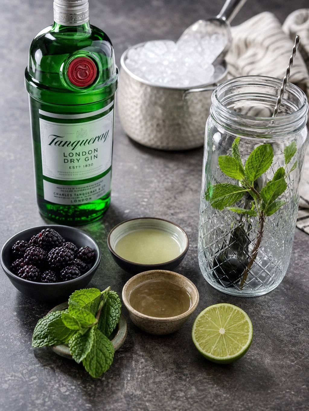 Measured ingredients for blackberry gin smash including fresh blackberries, mint leaves, lime juice, simple syrup, and gin