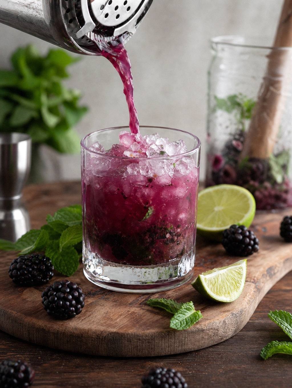Blackberry gin smash being built in a rocks glass with liquid being poured over muddled berries and crushed ice