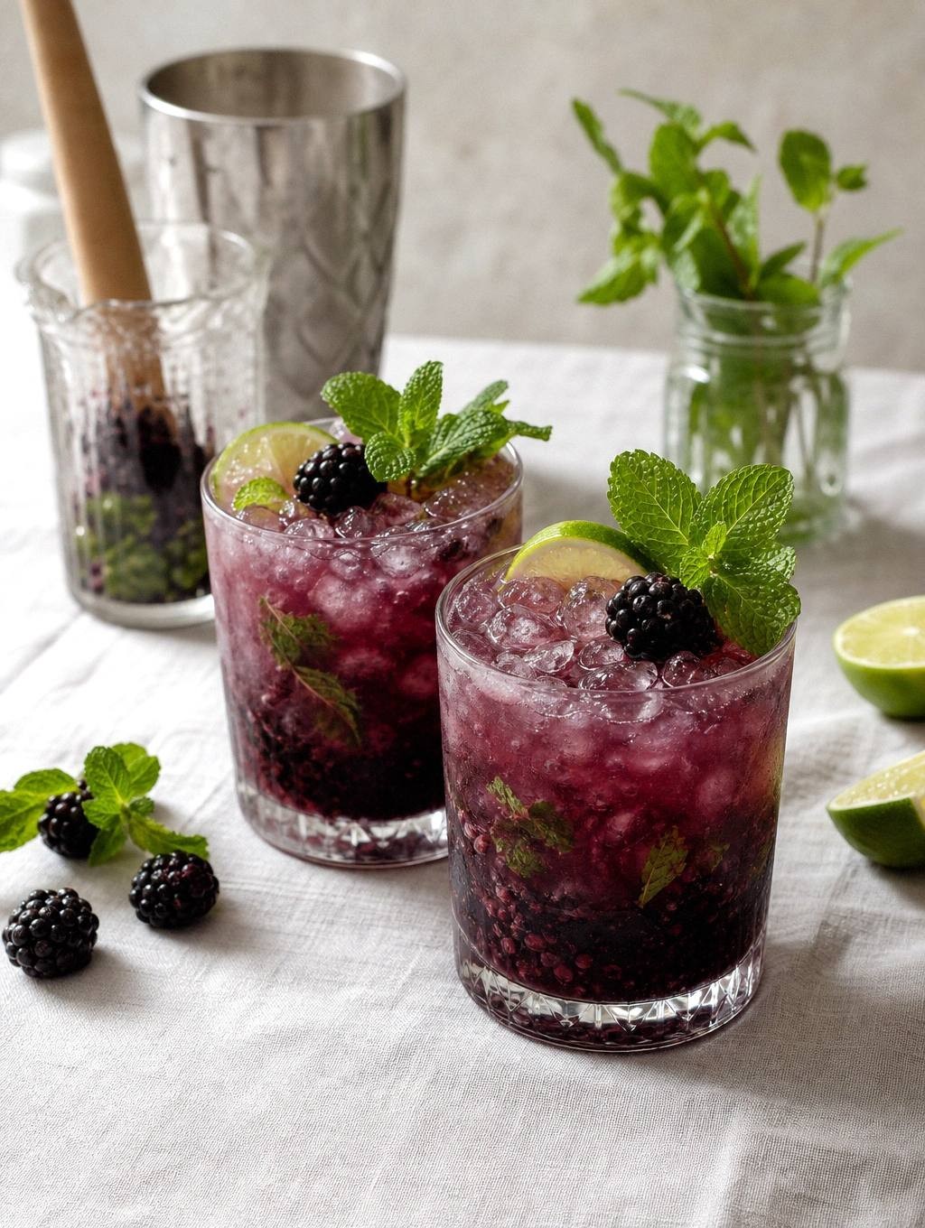 Two blackberry gin smashes in rocks glasses with natural purple liquid, garnished with fresh blackberries and mint sprigs