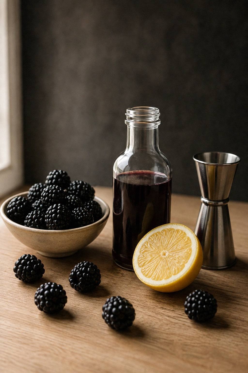 Fresh blackberries, lemons, and a small bottle of blackberry syrup on a dark walnut bar top