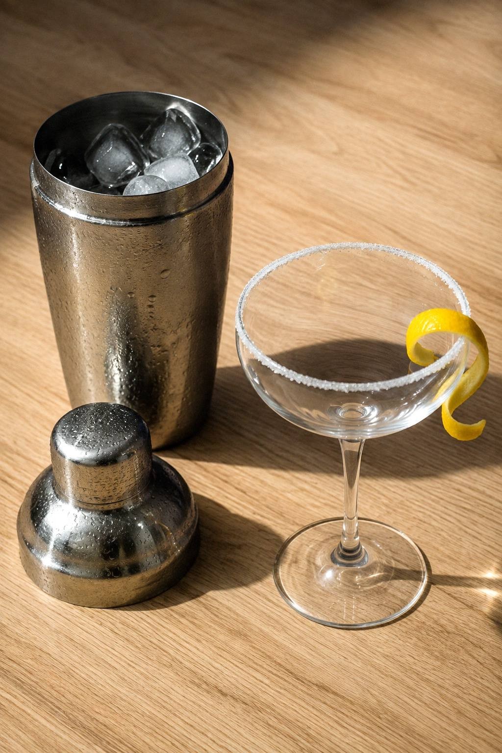 A frosty cocktail shaker beside a sugar-rimmed coupe on a dark bar top