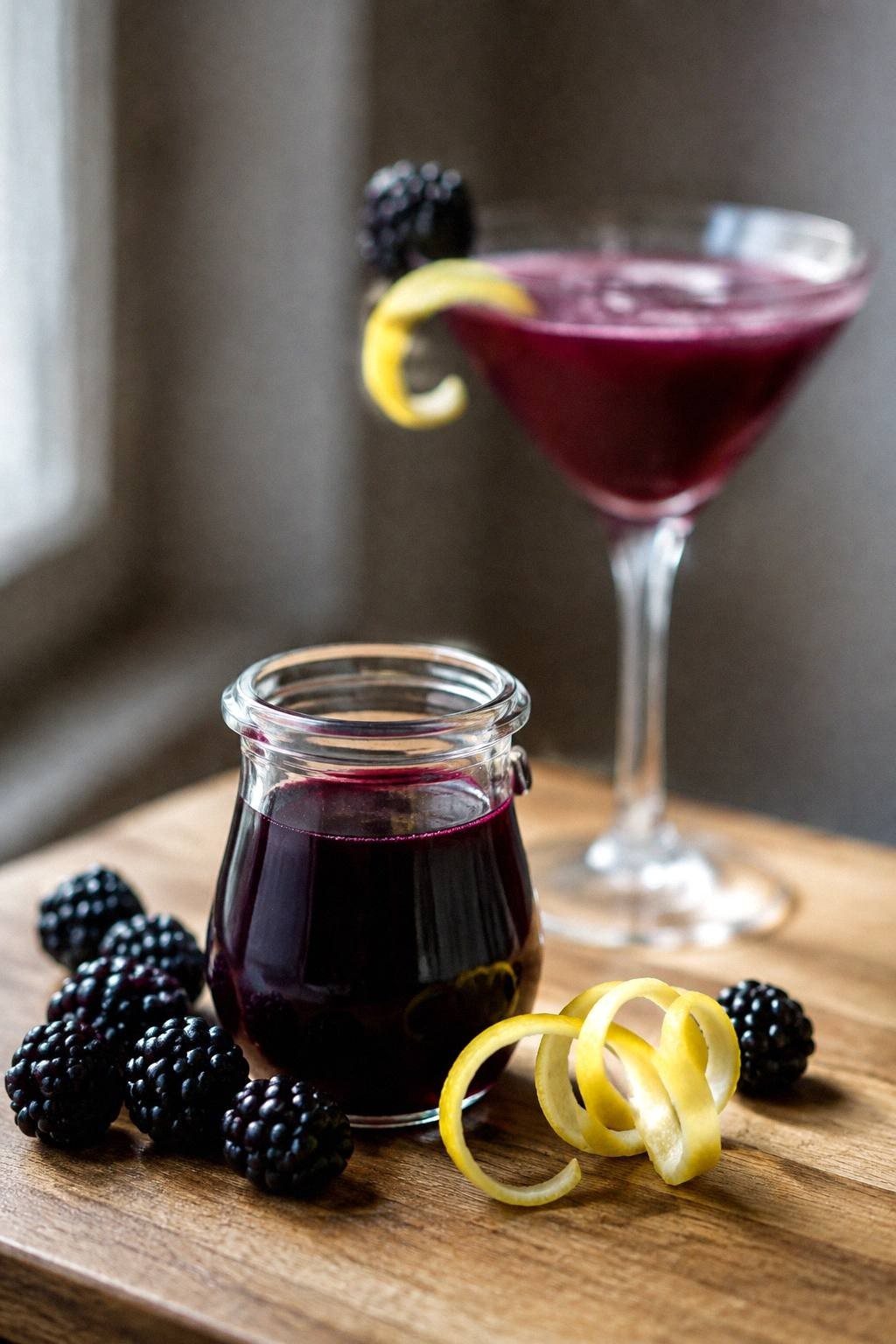 A jar of strained blackberry syrup beside fresh blackberries and lemon peel