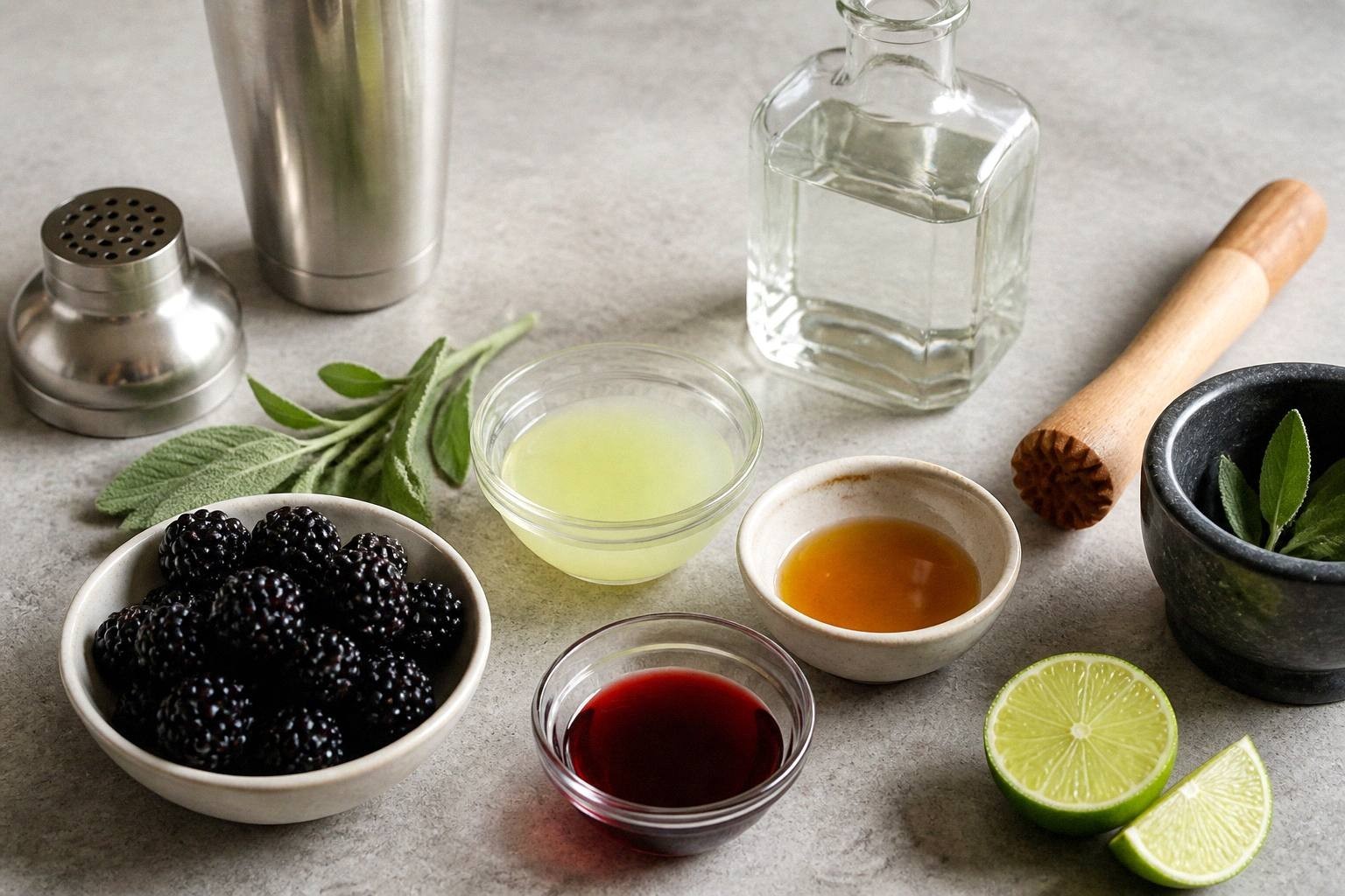 measured ingredients for blackberry smash margarita including fresh blackberries, sage, lime juice, pomegranate juice, agave nectar, and mezcal