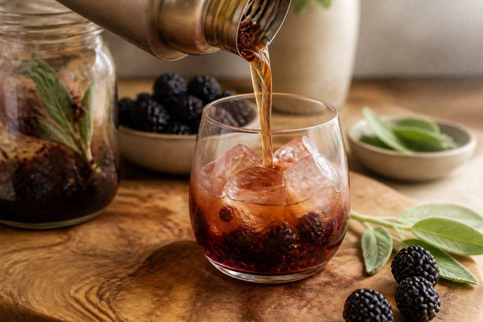 blackberry smash margarita being poured into a glass, liquid in motion showing natural caramel color