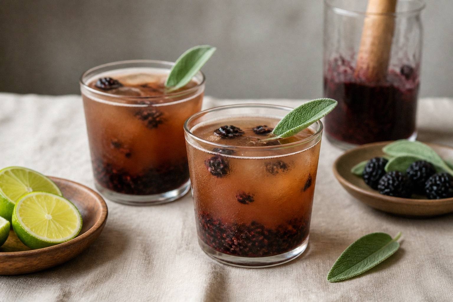 two blackberry smash margaritas in glasses with natural caramel color, styled on a table with sage garnish
