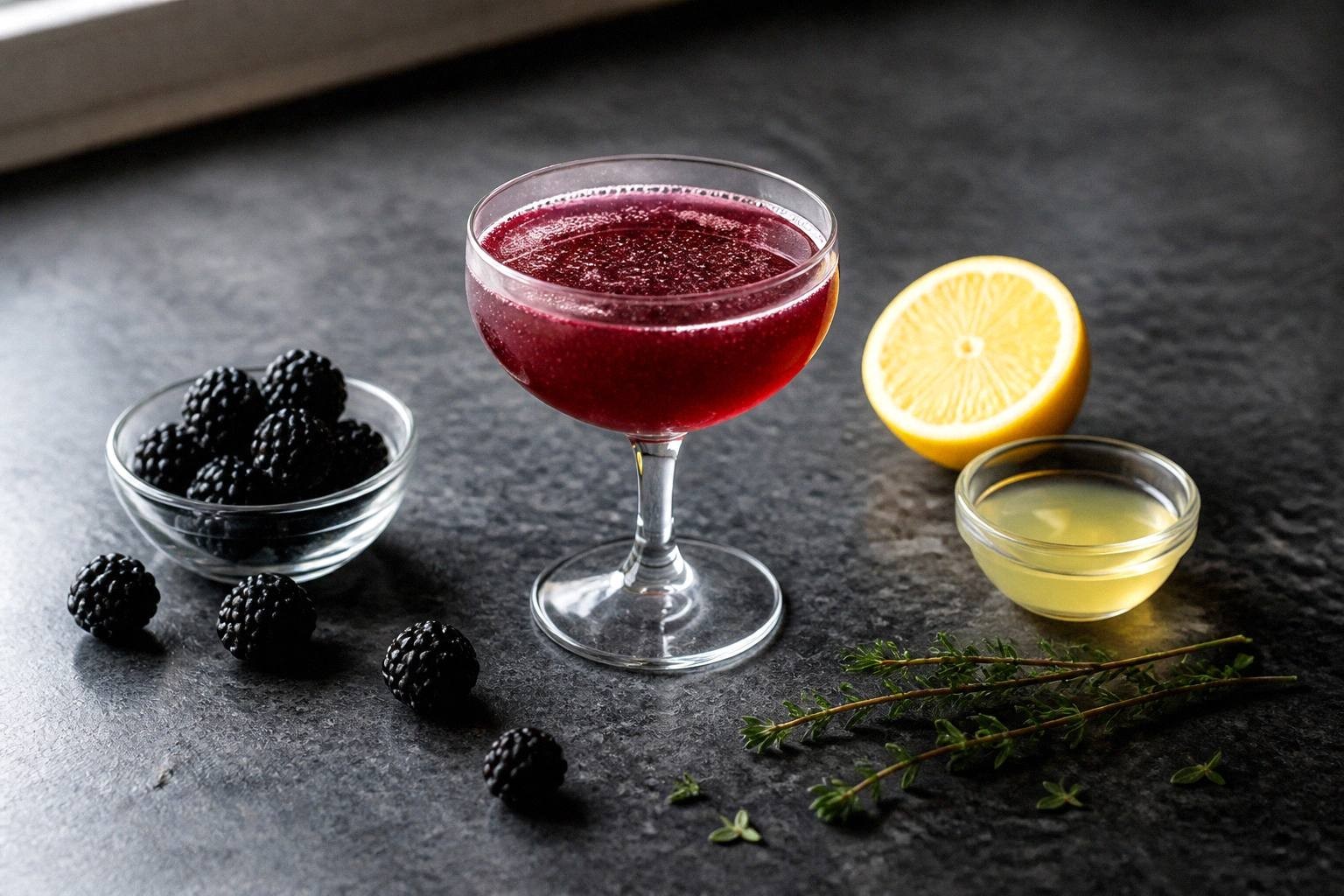 Ingredients for blackberry thyme prosecco fizz measured out: fresh blackberries, thyme sprigs, sugar, water, and prosecco bottle