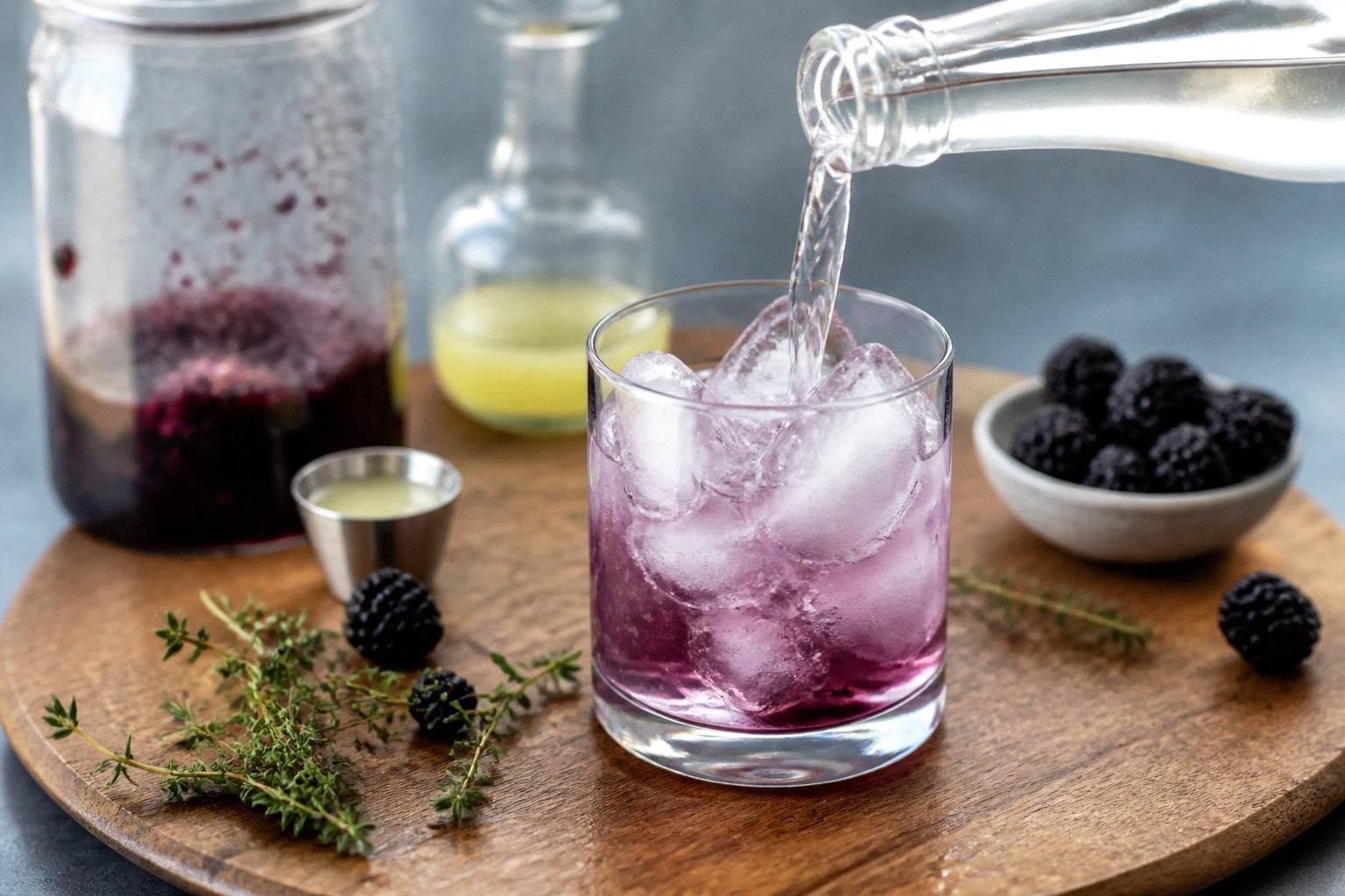 Prosecco being poured into coupe glass containing blackberry thyme syrup, liquid mixing and bubbling