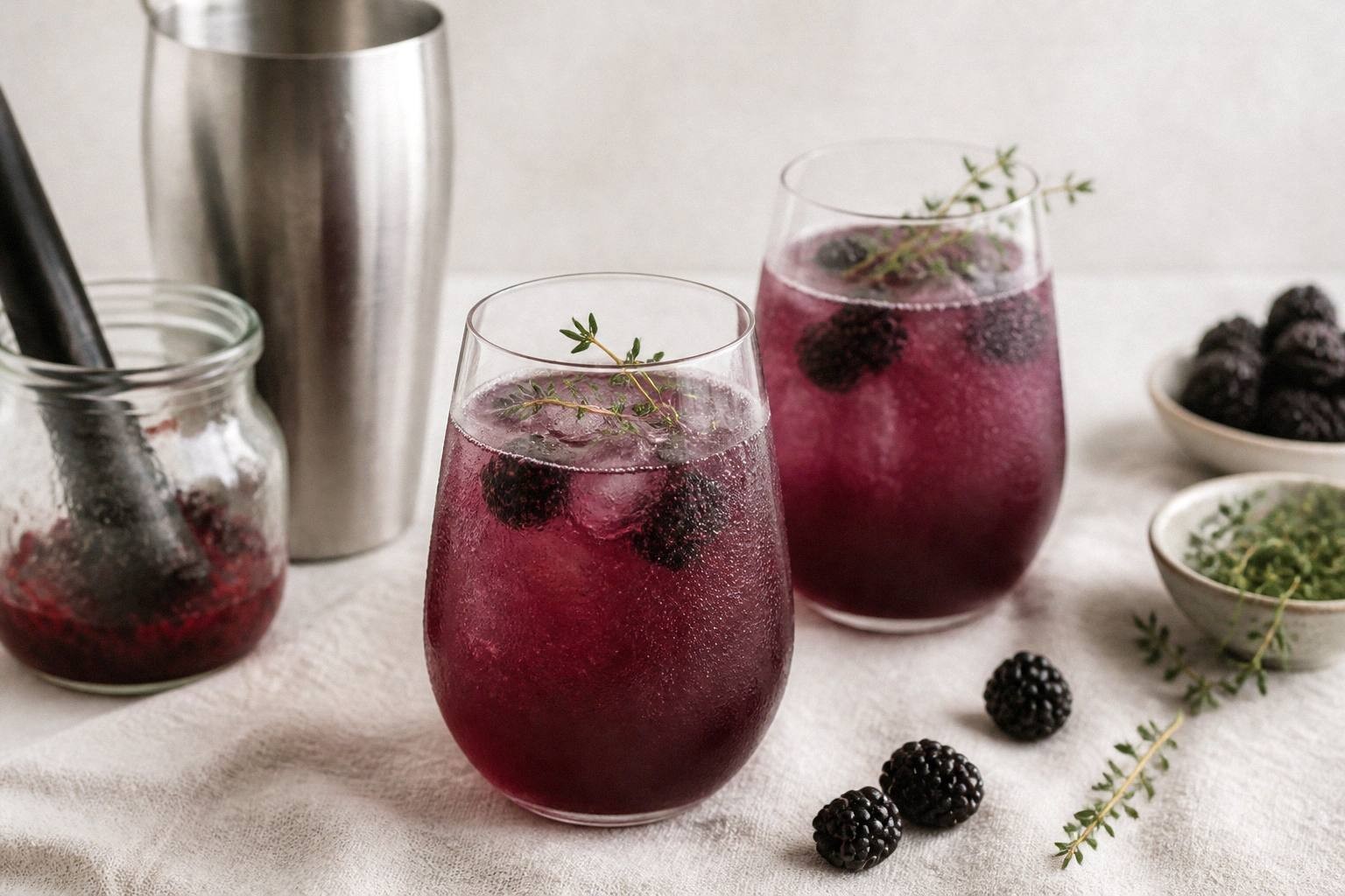 Two blackberry thyme prosecco fizz cocktails in coupe glasses, natural purple color, garnished with berries and thyme