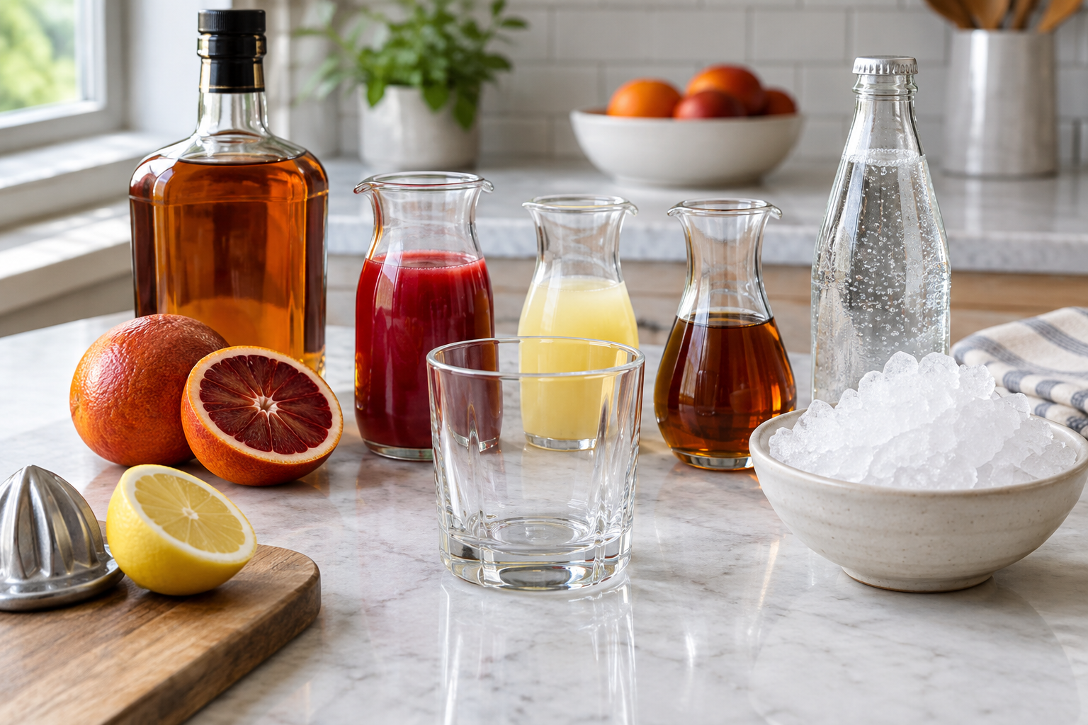 Bourbon, blood orange and lemon juices, maple syrup, club soda and crushed ice for a cocktail