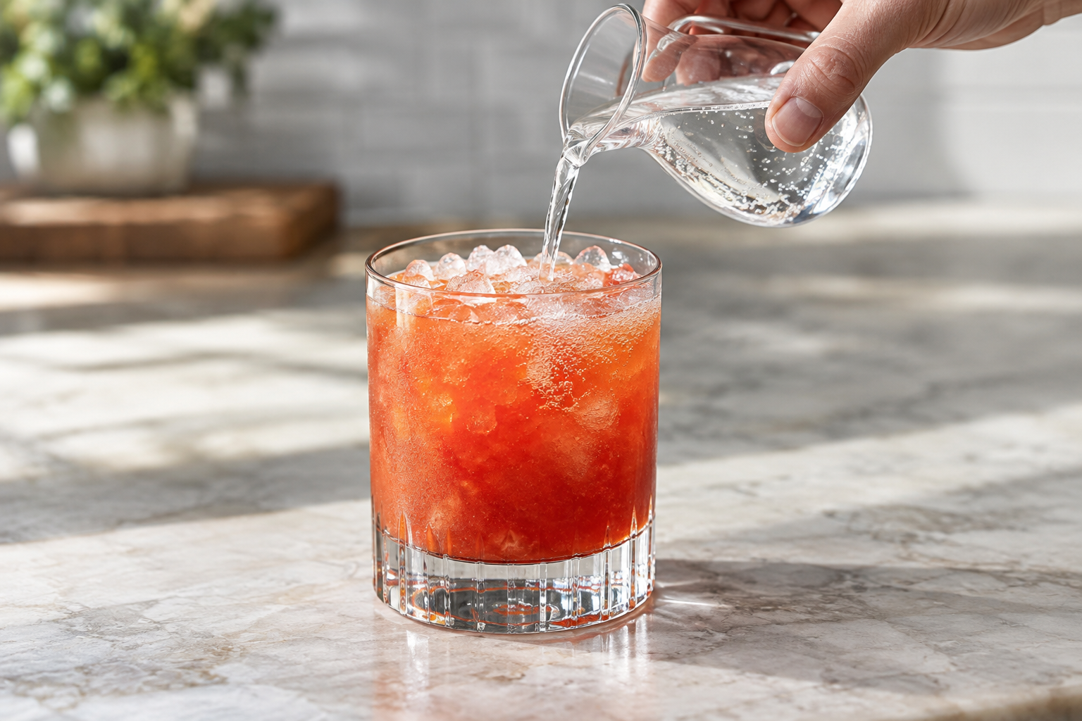 Club soda poured over a blood orange bourbon smash with crushed ice