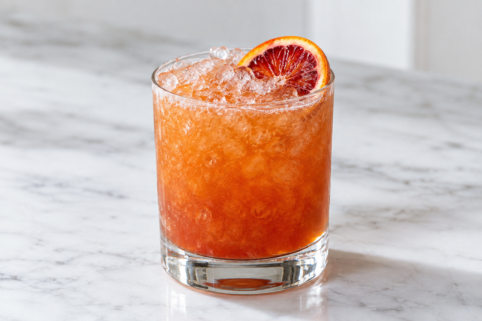 Blood orange bourbon smash over crushed ice in a rocks glass