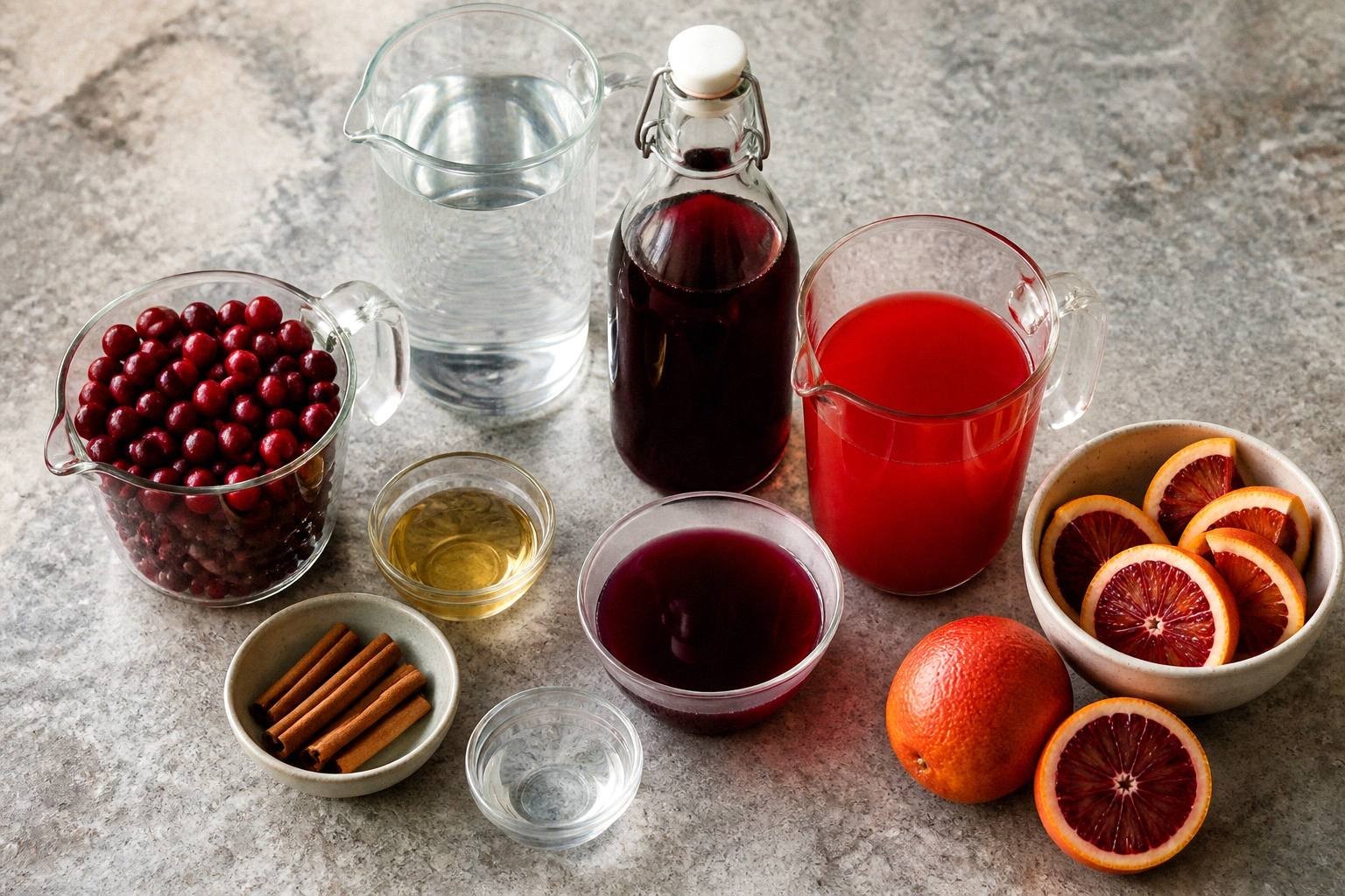 ingredients for blood orange cranberry sangria including cranberries, agave syrup, blood oranges, and cinnamon sticks measured out