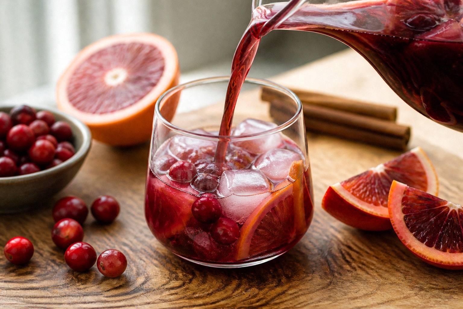 pouring blood orange cranberry sangria into a glass showing the garnet-colored liquid in motion